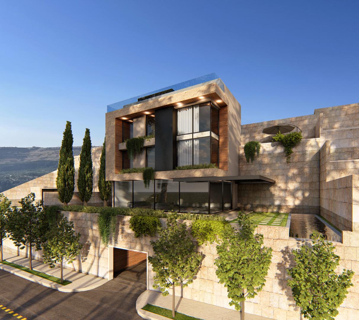 Villa façade in natural stone and wood
